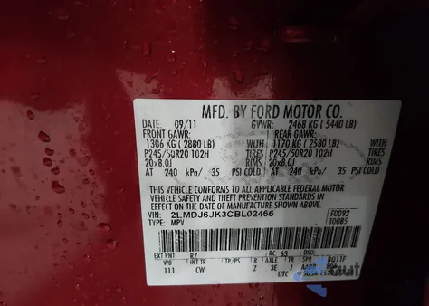 2012 Lincoln Mkx z USA, uszkodzony, nr VIN 2LMDJ6JK3CBL02466